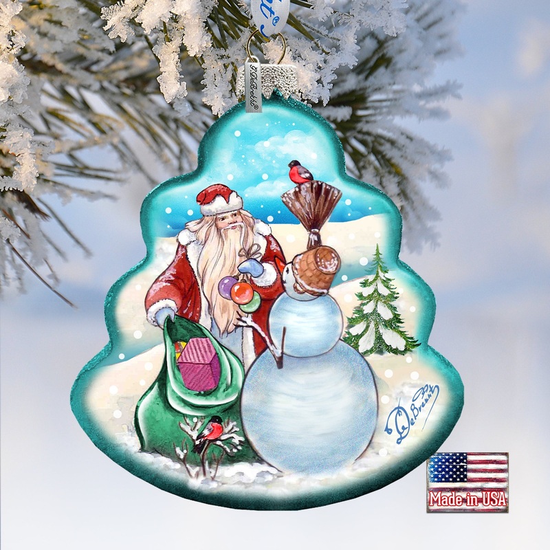 Santa with Snowman Tree Glass Ornament by G. DeBrekht – Christmas Santa Snowman Decor – 762-011