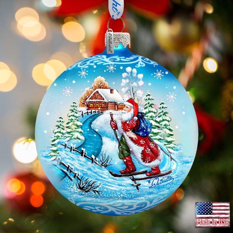 Skiing Through the Snow Glass Ornament by G. DeBrekht – Christmas Santa Snowman Decor – 73362
