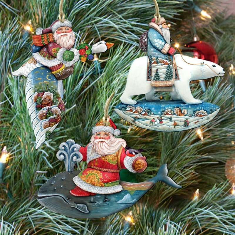 Travel Ride Wooden Ornaments Set of 3 by G. DeBrekht – Christmas Santa Snowman Decor – 8100014S3