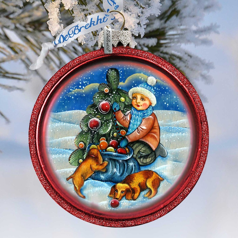 Trim a Tree Boy with Dogs Glass Ornament by G. DeBrekht – Christmas Decor – 764-014