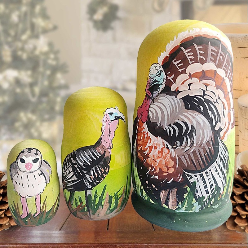 Turkey Matreshka Nesting Hand-Painted Doll Set of 3 by G. DeBrekht – Thanksgiving Halloween Decor – 14774