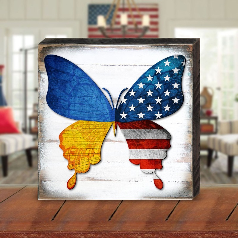 USA/Ukraine Butterfly Wooden Decor – American Patriotic Decor – 8187129B