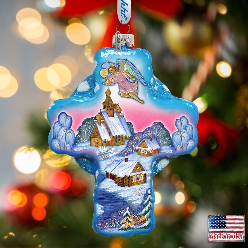 Angel Village Cross Glass Ornament by G. DeBrekht – Nativity Holiday Decor – 758-002