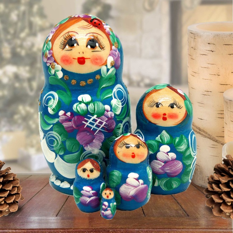 Blue Golden Floral Matreshka Nesting Hand-Painted Dolls Set of 5 by G. DeBrekht – Christmas Decor – 140136