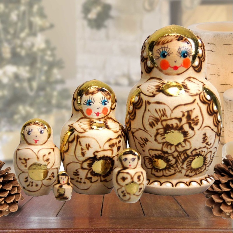 Gold Floral Matreshka Nesting Hand-Painted Doll Set of 5 by G. DeBrekht – Christmas Decor – 140121