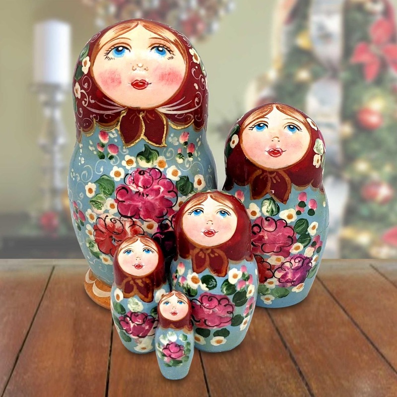 Grey Floral Matreshka Nesting Hand-Painted Dolls Set of 5 by G. DeBrekht – Christmas Decor – 140140-4