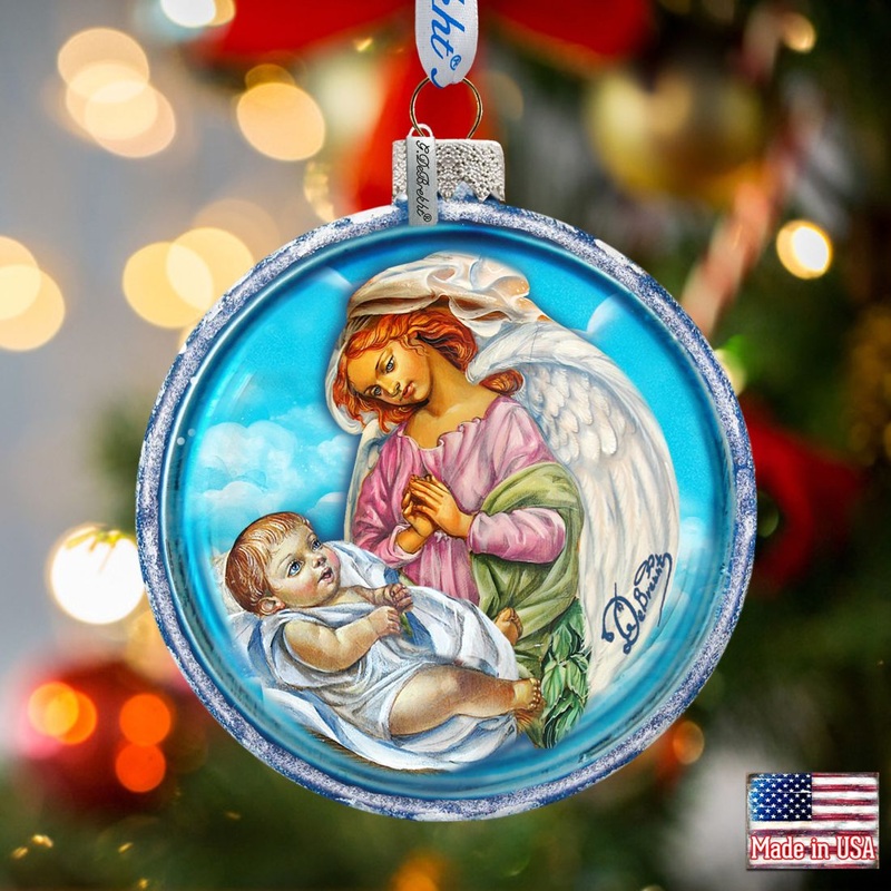Jesus and Angel Cut Ball Glass Ornament by G. DeBrekht – Nativity Holiday Decor – 764-006