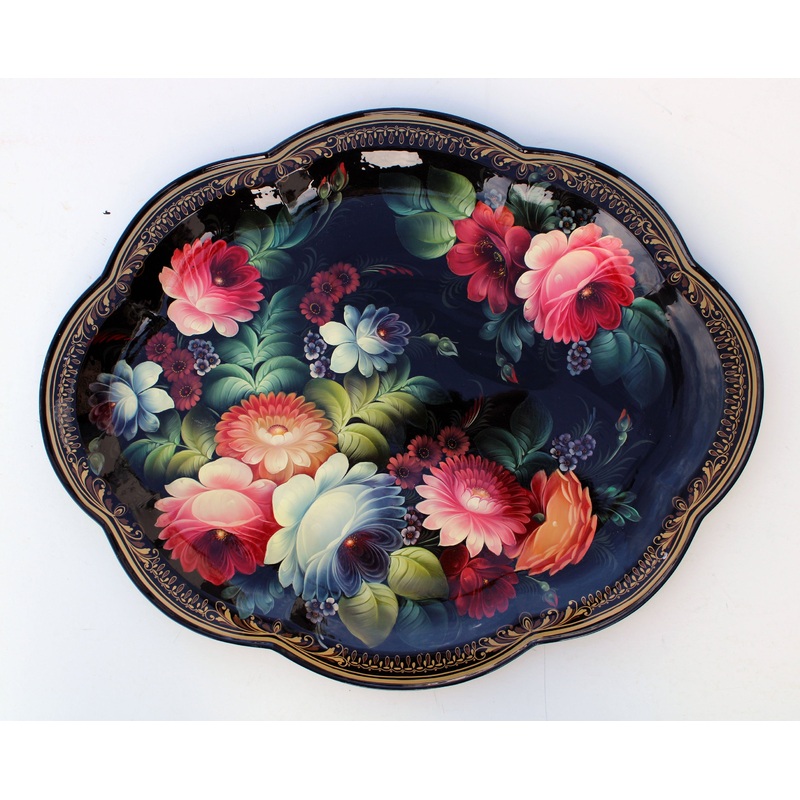 One-of-a-Kind Authentic Zhostovo Hand-Painted Metal Tray by Olga Koshkina 22×18 – Functional Kitchenware Table and Unique Wall Decor