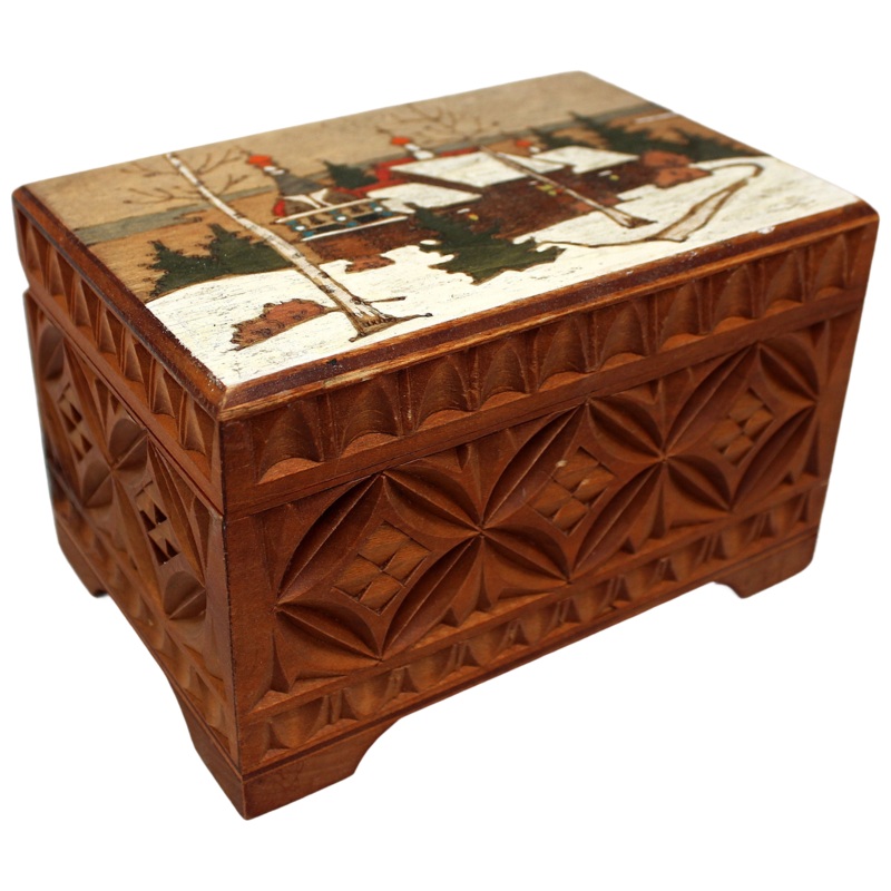 One-of-a-Kind Country Winter Wood Carved Jewelry Box 3.5 by