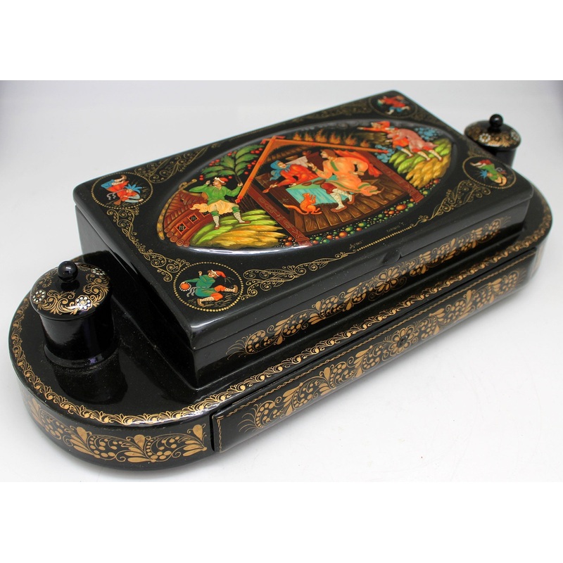 One-of-a-Kind Palekh Jewelry Box Authentic Lacquered Miniature Hand Painted 14x6x3.5 by  Unique Handmade Gift Collectible and Home Decoration