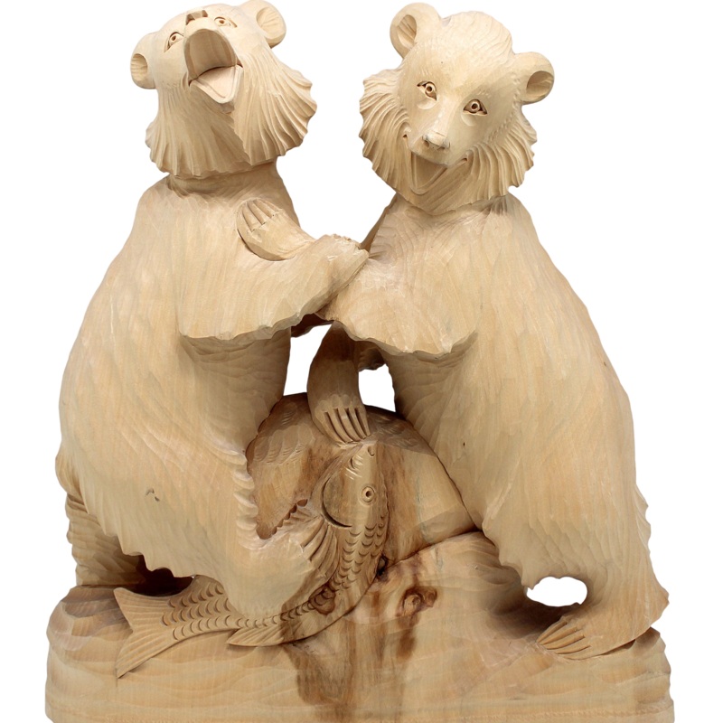 One-of-a-Kind Two Little Bears with Fish Wood Carved Figurine 11.5 – Nature Wood Carving