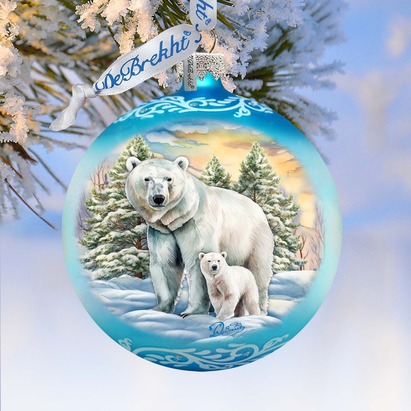 Polar Bear with Cub Ball Glass Ornament by G. Debrekht – Wildlife Holiday Decor – 73386