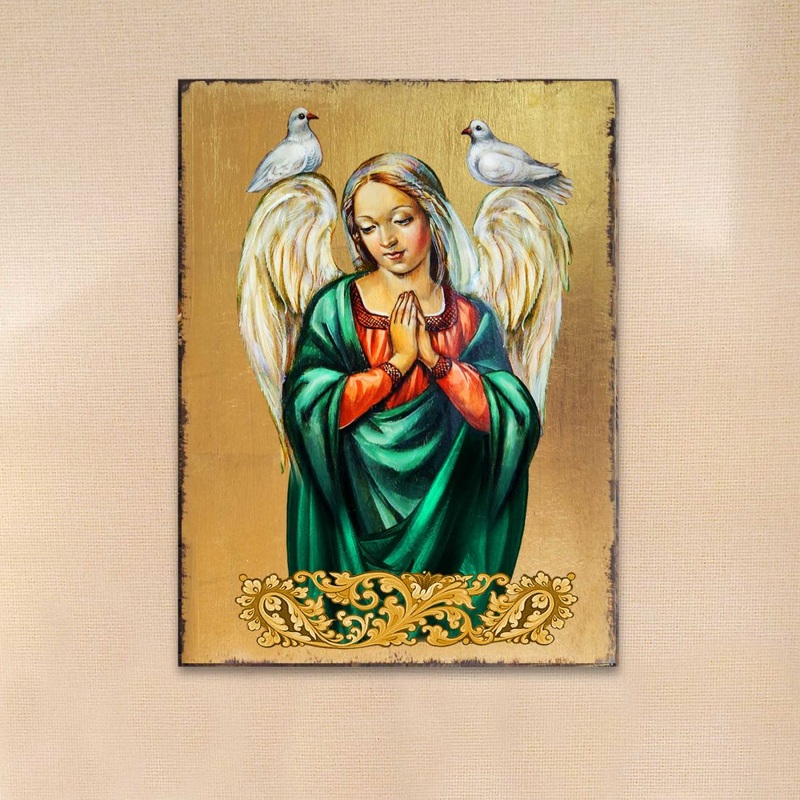 Praying Angel Wooden Gold Plated Religious Christian Sacred Icon – Inspirational Icon Decor – 85026