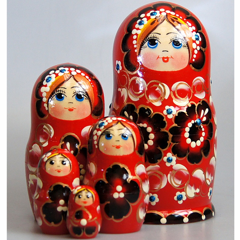 Red Floral Matreshka Nesting Hand-Painted Doll Set of 5 by G. DeBrekht – Christmas Decor – 140151R