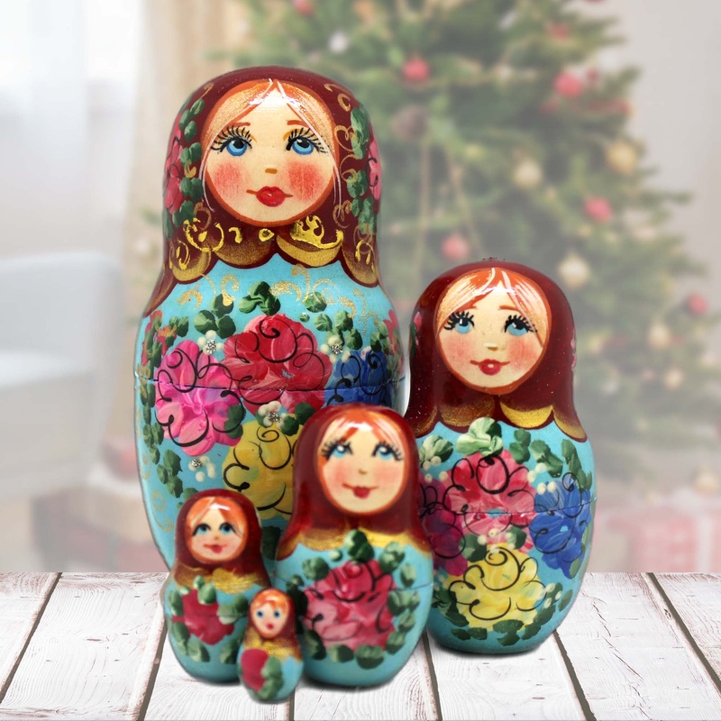 Red Scarf Floral Matreshka Nesting Hand-Painted Dolls Set of 5 by G. DeBrekht – Christmas Decor – 140140-6