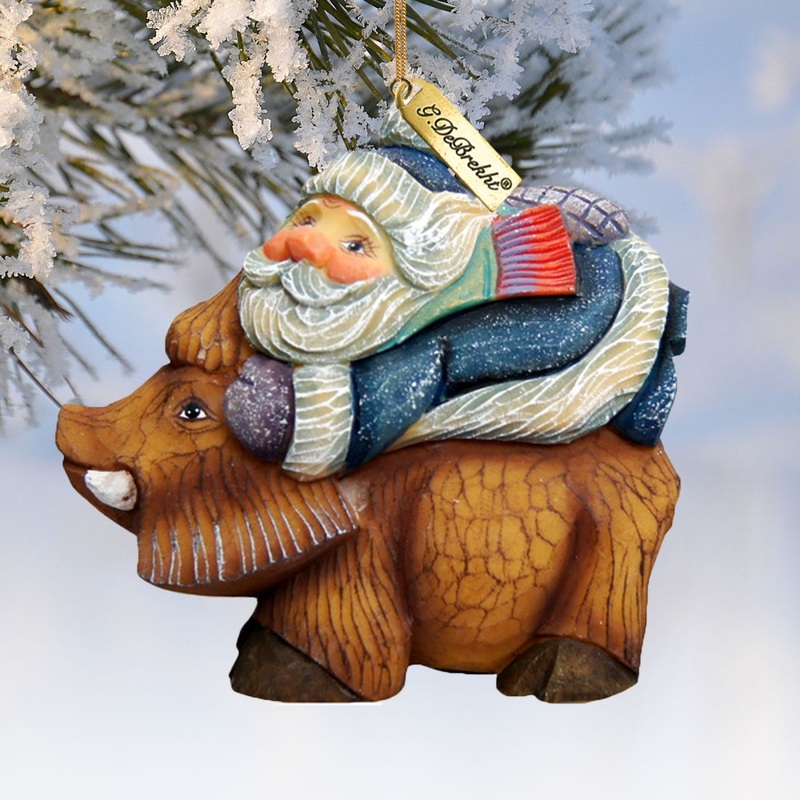 Santa On Boar Sculpted Hand-Painted Christmas Ornament by G. DeBrekht – Christmas Santa Snowman Decor – 63144