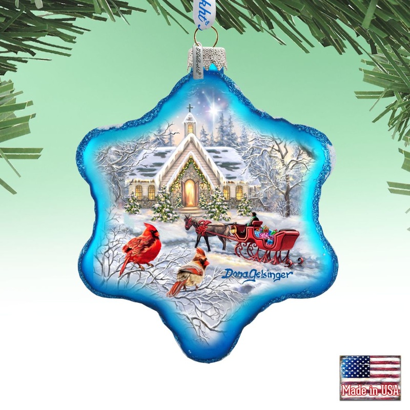 Sleigh Ride Snowflake Glass Ornament by D. Gelsinger – Christmas Santa Snowman Decor – 754-104-DG