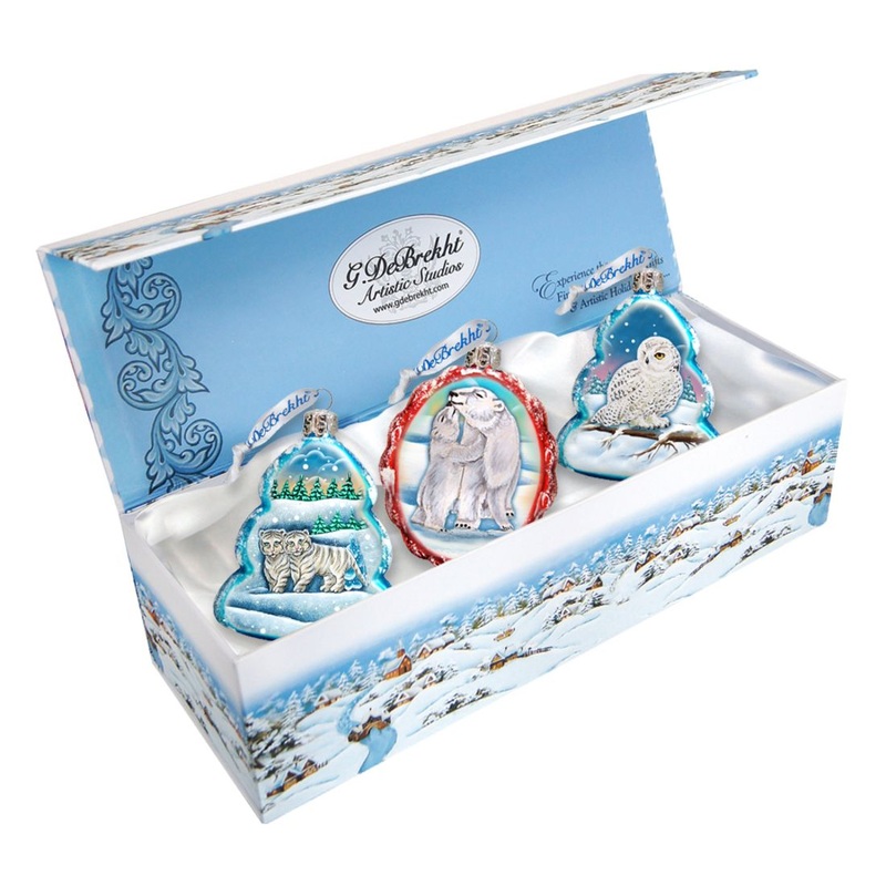 White Winter Mercury Glass Ornaments Set of 3 by G. DeBrekht – Wildlife Holiday Decor – 770111S3