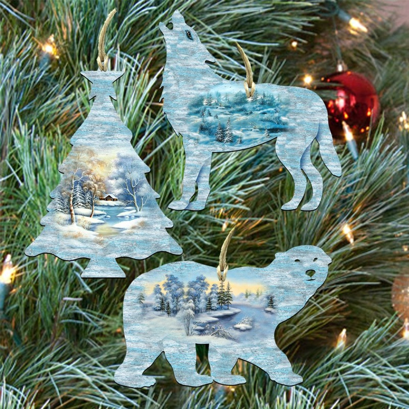 Woodsy Wildlife Wooden Ornaments Set of 3 by G. DeBrekht – Wildlife Holiday Dcor – 8100043S3