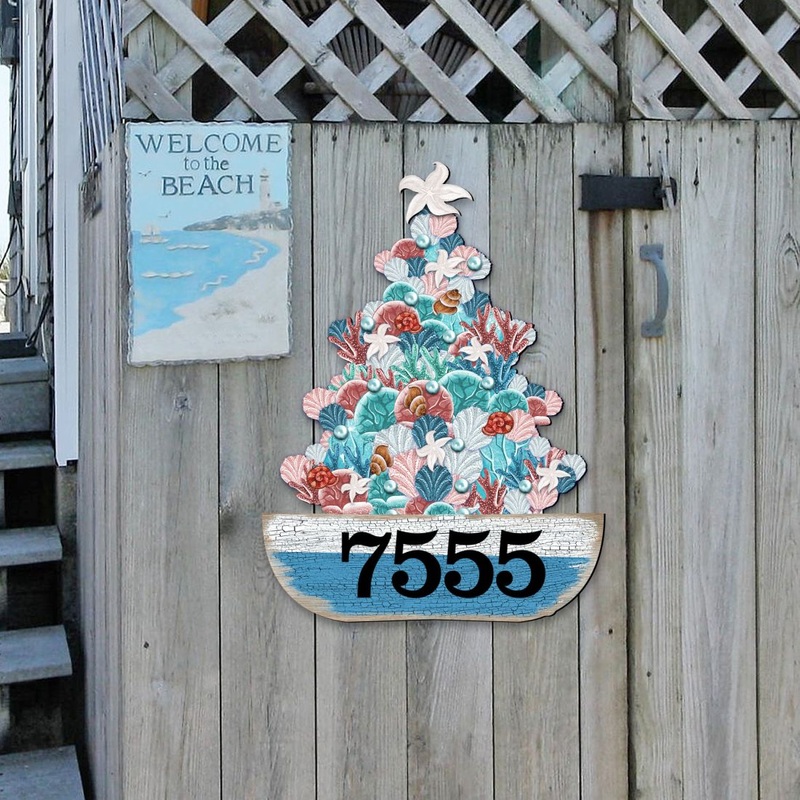 Coastal Tree Boat Personalized House Number Sign by G. Debrekht – Coastal Sea-Life Decor – Handcrafted Wooden Address Sign – MA81931492