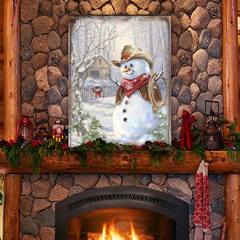 Cowboy Snowman Art Wooden Wall Art by D. Gelsinger – Christmas Santa Snowman Decor – 95604B-1541