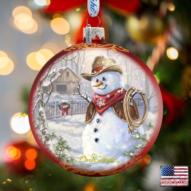 Cowboy Snowman Glass Ornament by D. Gelsinger – Christmas Santa Snowman Decor – 71115-2-1541
