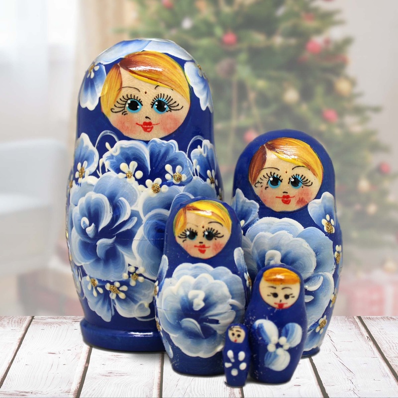 Fine China Blue Matreshka Nesting Hand-Painted Doll Set of 5 by G. DeBrekht – Christmas Decor – 140132-2