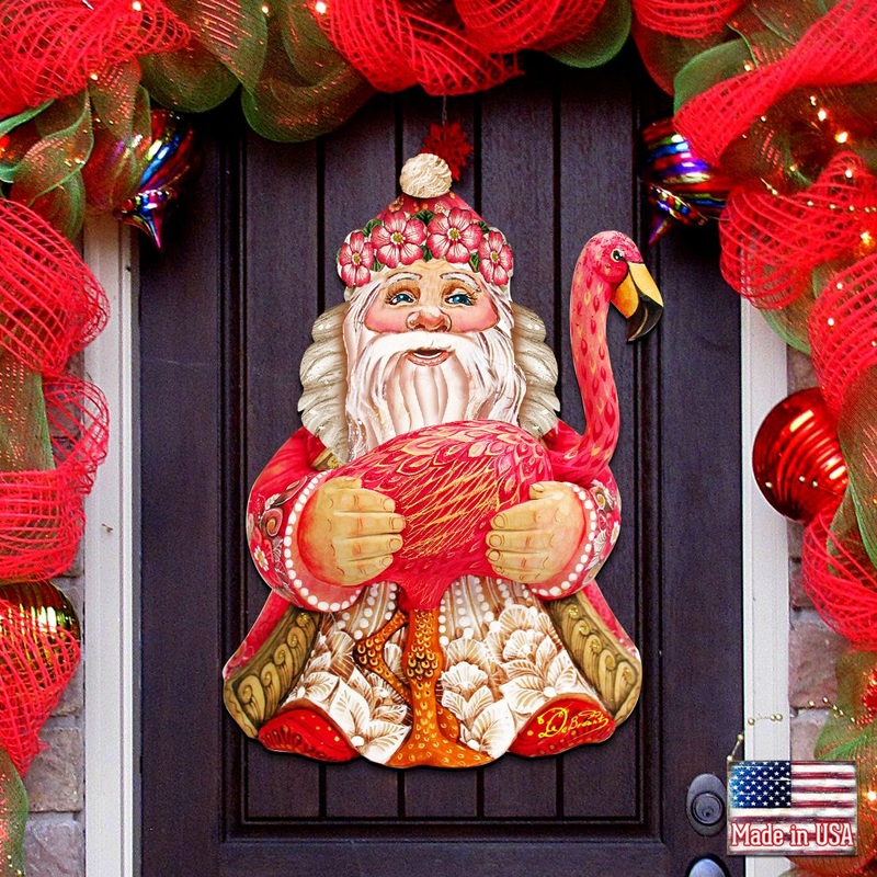 Flamingo Santa Tropical Door Decor by G. DeBrekht – Christmas Santa Snowman Decor – 8117835H