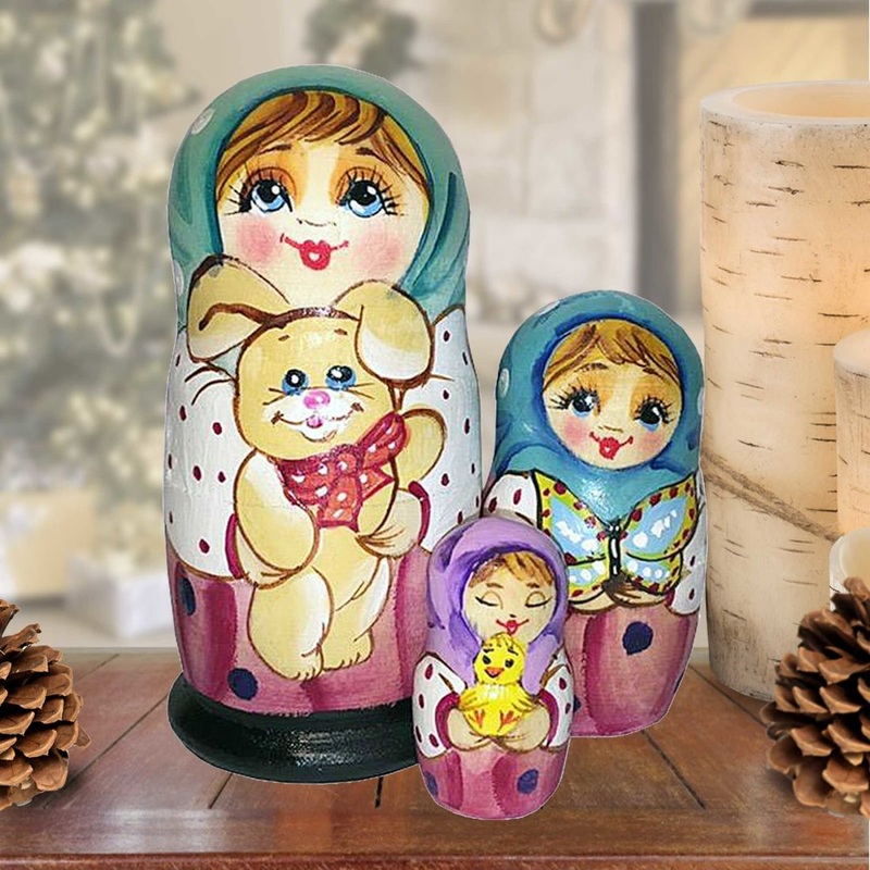 Friendship Teddy Bear Matreshka Nesting Hand-Painted Doll Set of 3 by G. DeBrekht – Christmas Decor – 14733