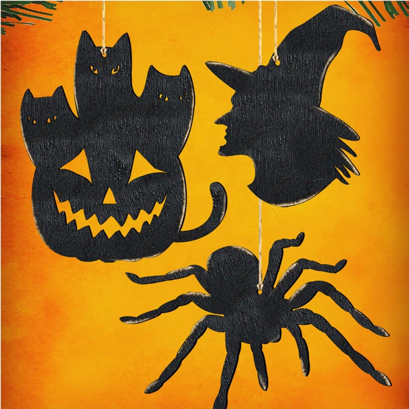 Halloween Wooden Ornaments-Pumpkin, Witch Hat, Spider-Set of 3 – Thanksgiving Halloween Decor – 8100186S3
