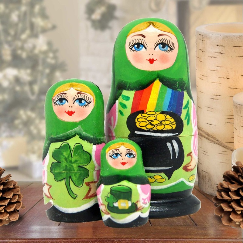Irish Luck Matreshka Nesting Hand-Painted Doll Set of 3 by G. DeBrekht – Celtic Decor – 14714