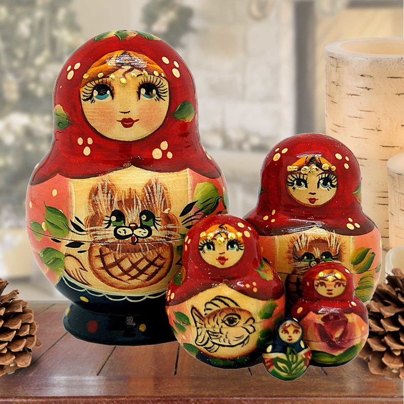 Kitty Matreshka Nesting Hand-Painted Dolls Set of 5 by G. DeBrekht – Christmas Decor – 140074