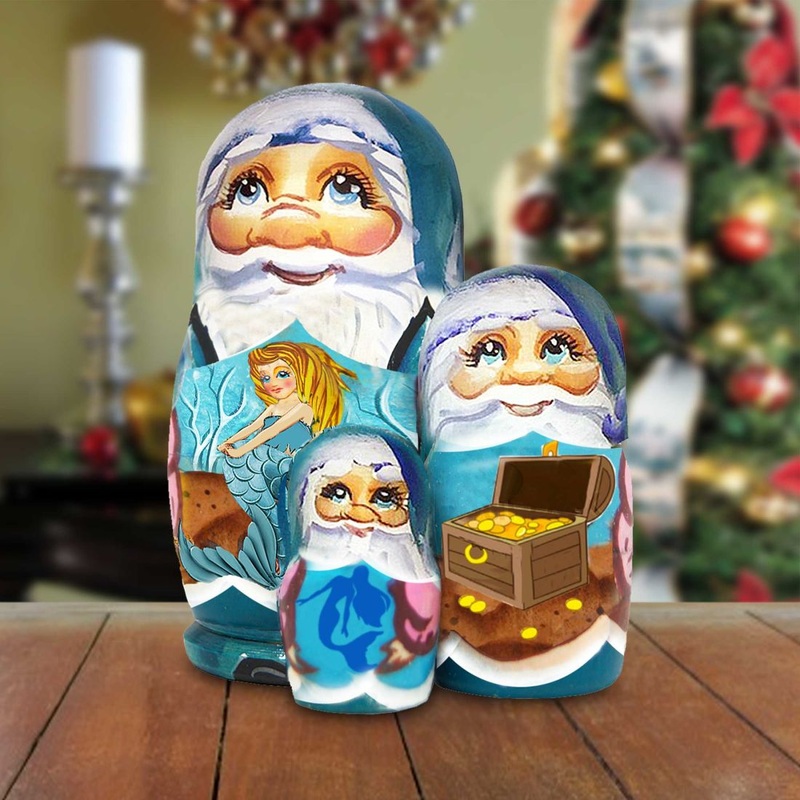 Mermaiden Treasure Santa Matreshka Nesting Hand-Painted Doll by G. DeBrekht – Coastal Holiday Decor – 147192