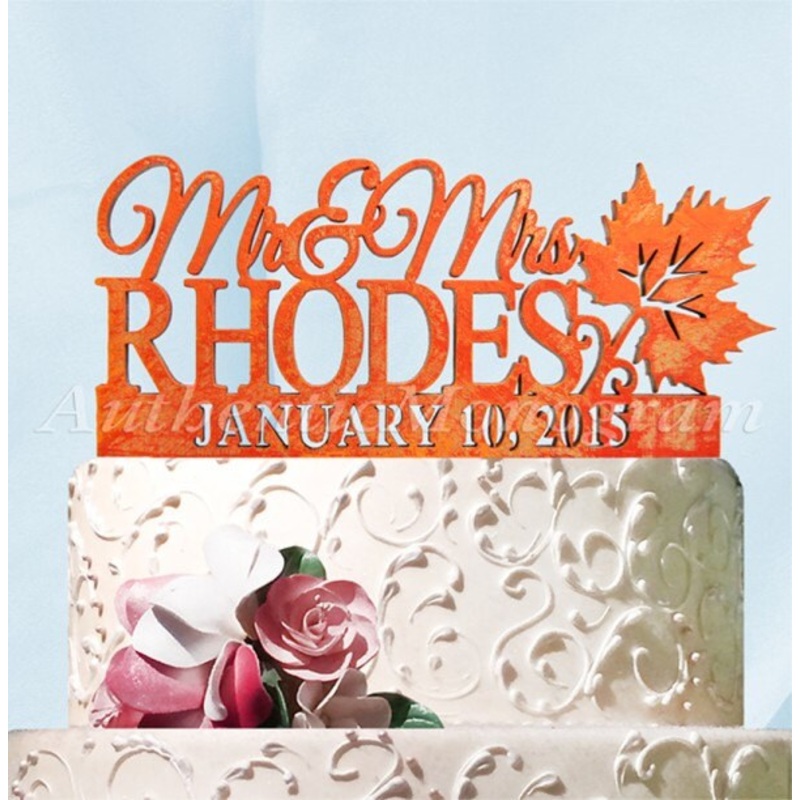 Mr. and Mrs. Wedding Cake Topper – Wooden Cake Topper with date Autumn Wedding  #94127F