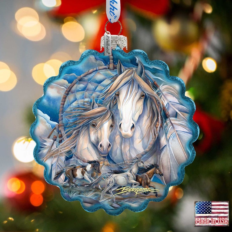 Mustangs Dream Catcher Journey Wreath Glass Ornament by J. Bergsma – Wildlife Holiday Decor – 759-637-JB