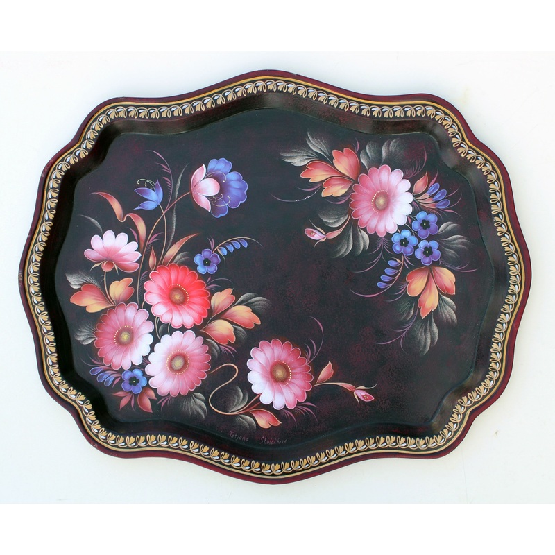 One-of-a-Kind Authentic Zhostovo Metal Tray Hand-Painted by Tatiana Sholokhova 18 x 15 – Functional Kitchenware and Unique Wall Decor