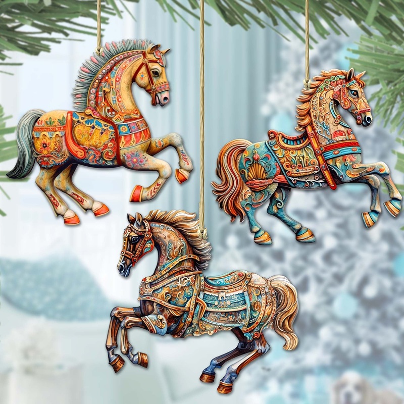 Ornamental Horses Wooden Ornaments Set of 3 by G. Debrekht – Christmas Decor – 8100193S3