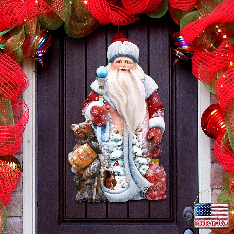 Santa and a Honey Bear Door Decor by G. DeBrekht – Christmas Santa Snowman Decor – 8128811H