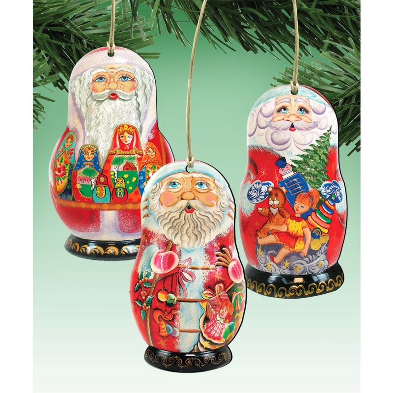 Santa Doll Wooden Ornaments Set of 3 by G. DeBrekht – Christmas Santa Snowman Decor – 8100103S3