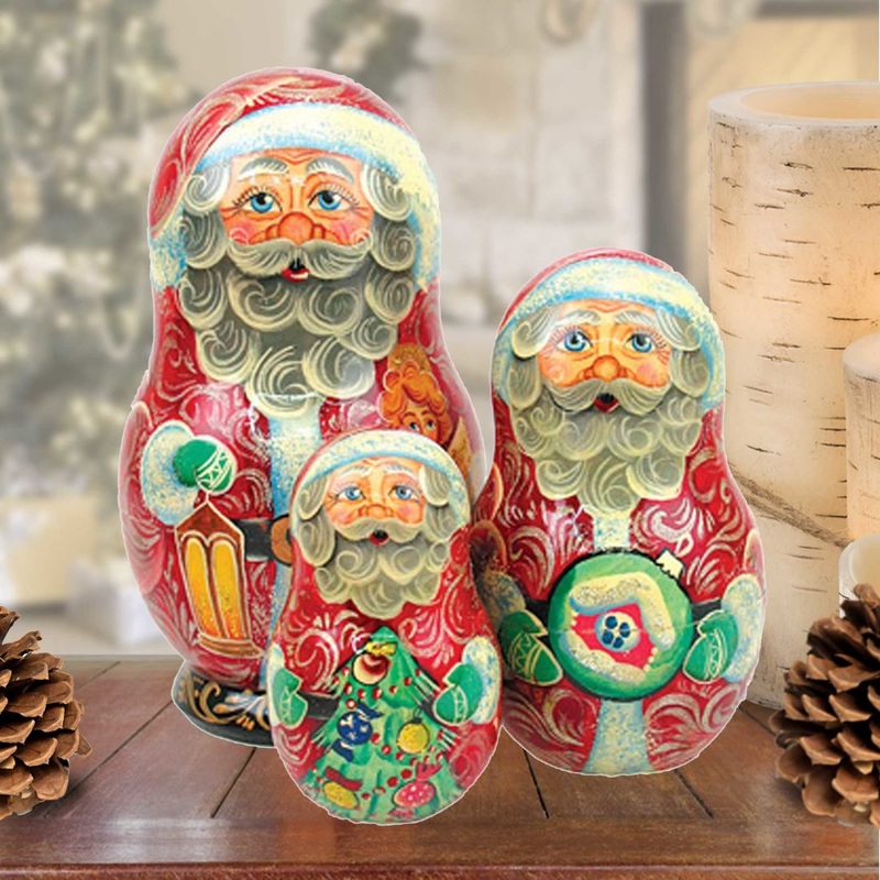 Santa Lamplighter Matreshka Nesting Hand-Painted Dolls Set of 3 by G. DeBrekht – Christmas Santa Snowman Decor – 110571