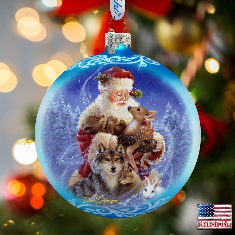 Santa Little Friends Glass Ornament by D. Gelsinger – Christmas Santa Snowman Decor – 71112-9914
