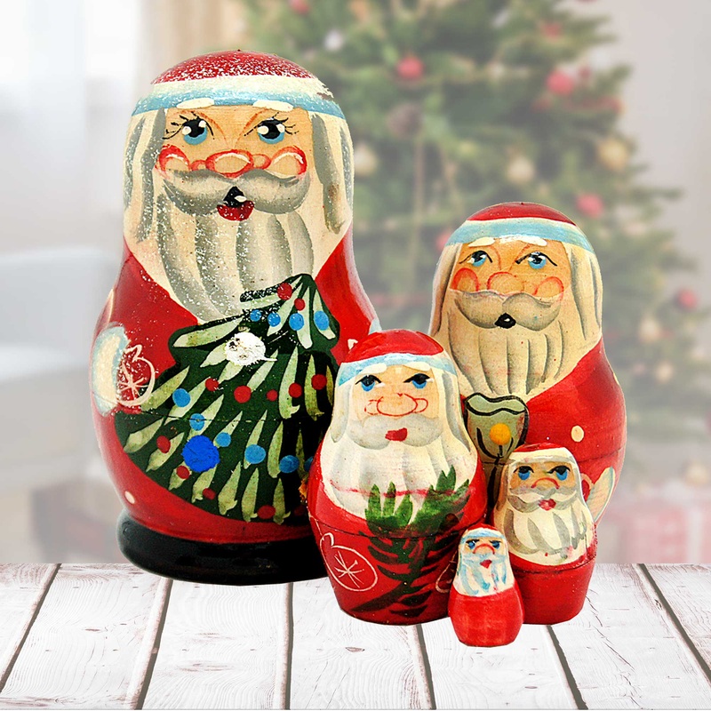 Santa Matreshka Nesting Hand-Painted Doll Set of 5 by G. DeBrekht – Christmas Santa Snowman Decor – 110150-2