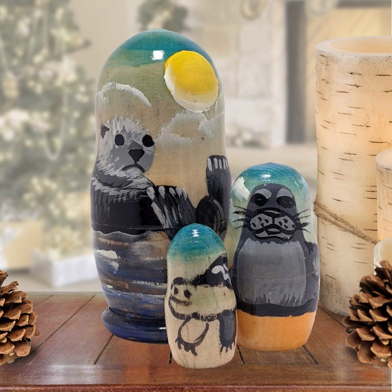 Sea Otter Matreshka Nesting Hand-Painted Doll Set of 3 by G. DeBrekht – Wildlife Holiday Decor – 14762