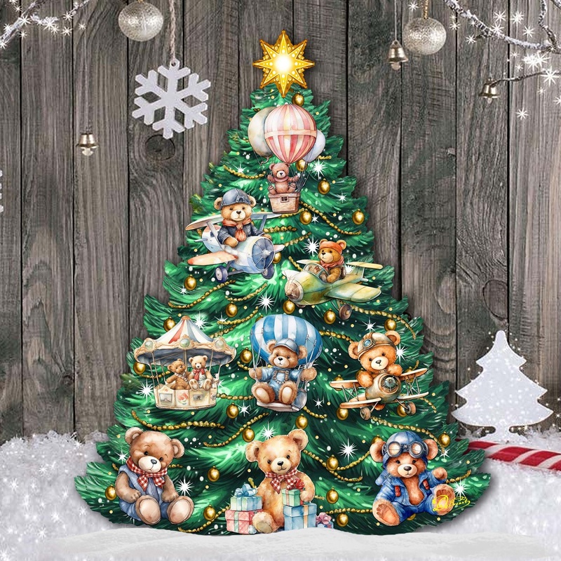 Teddy Bear-Themed Christmas Tree Outdoor Indoor Decor Wooden Christmas Decoration by G. Debrekht Christmas Decor – 8191508F