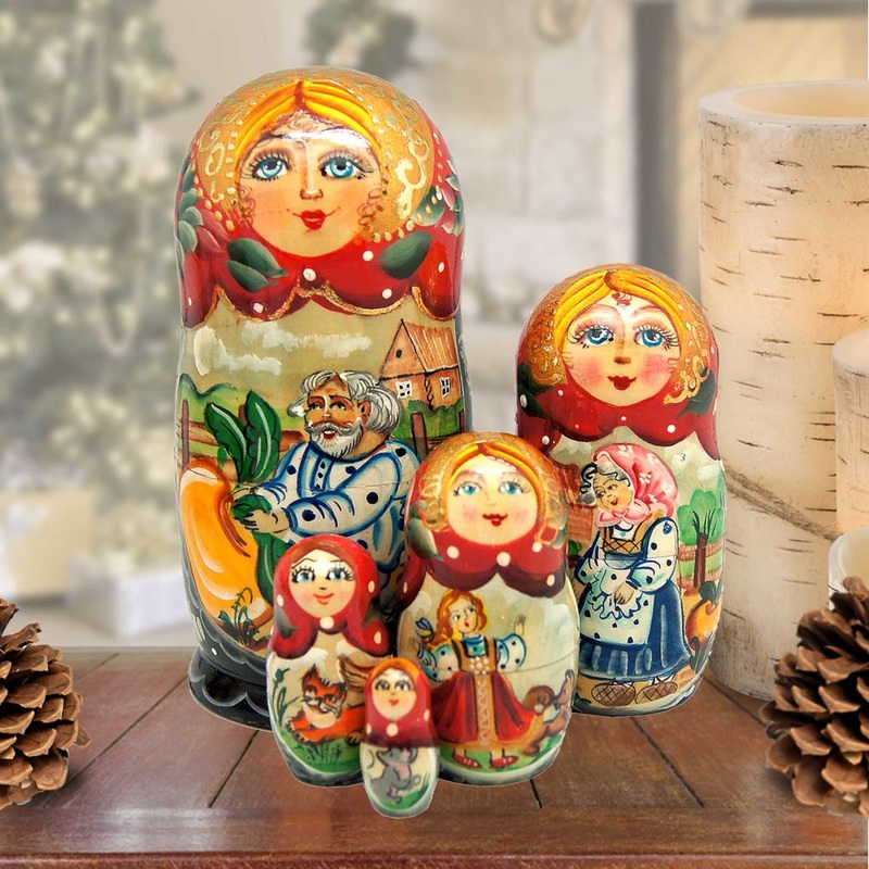Turnip Family Matreshka Nesting Hand-Painted Dolls Set of 5 by G. DeBrekht – Christmas Decor – 120052
