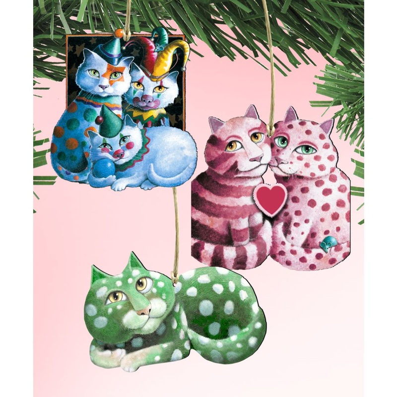 Whimsical Cats Wooden Ornaments Set of 3 by Laura Seeley – Pets Dog and Cats Decor – 8100101S3-LS