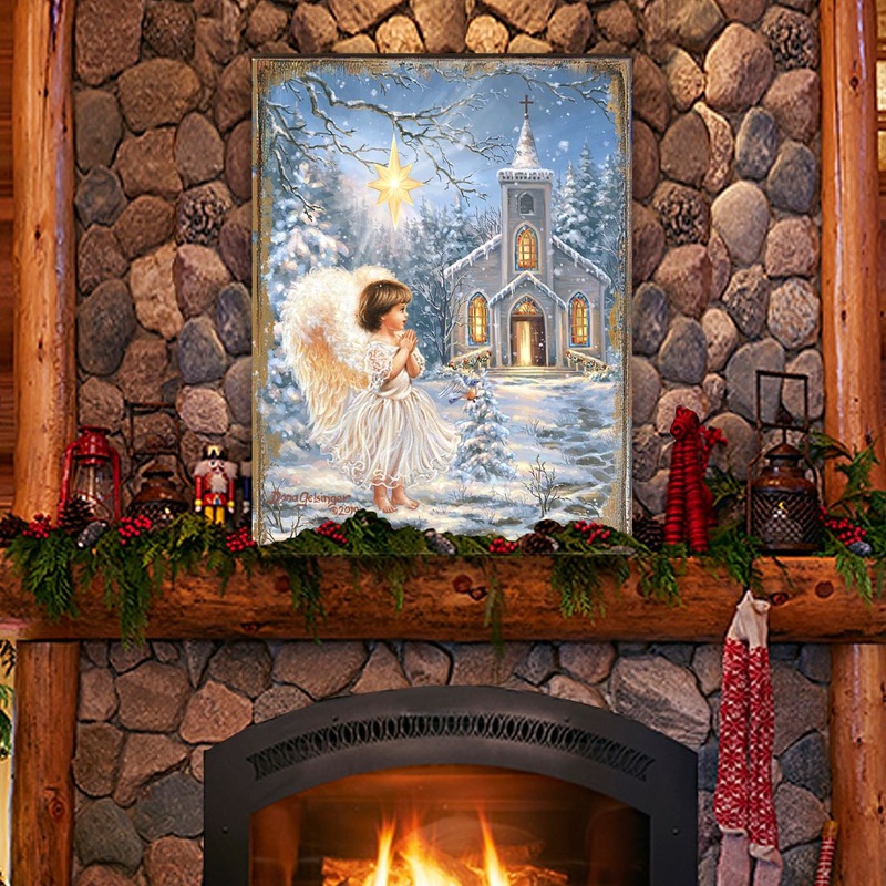 Angel at the Chapel Art Wooden Wall Art by D. Gelsinger – Nativity Holiday Decor – 95659B-1606