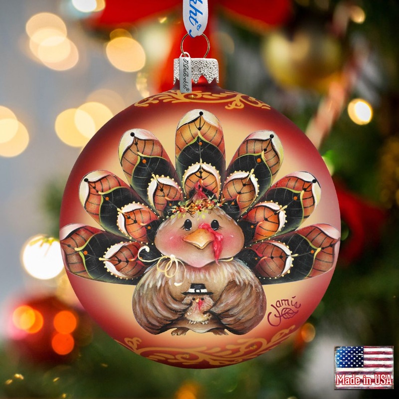 Be Thankful Turkey Sitter Ball Glass Ornament by Jamie Mills-Price – Thanksgiving Halloween Decor – 71210-7702