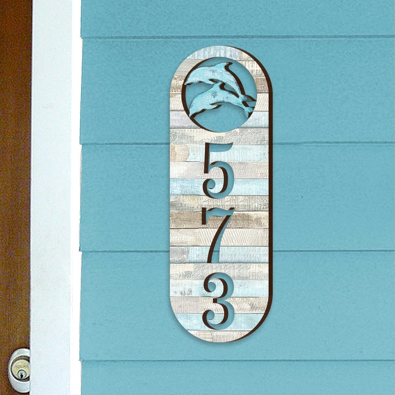 Beach House Numbers – Coastal Cottage Numbers Sign – Dolphins Wooden House Door Plaque – Custom Home Address Sign MA989812