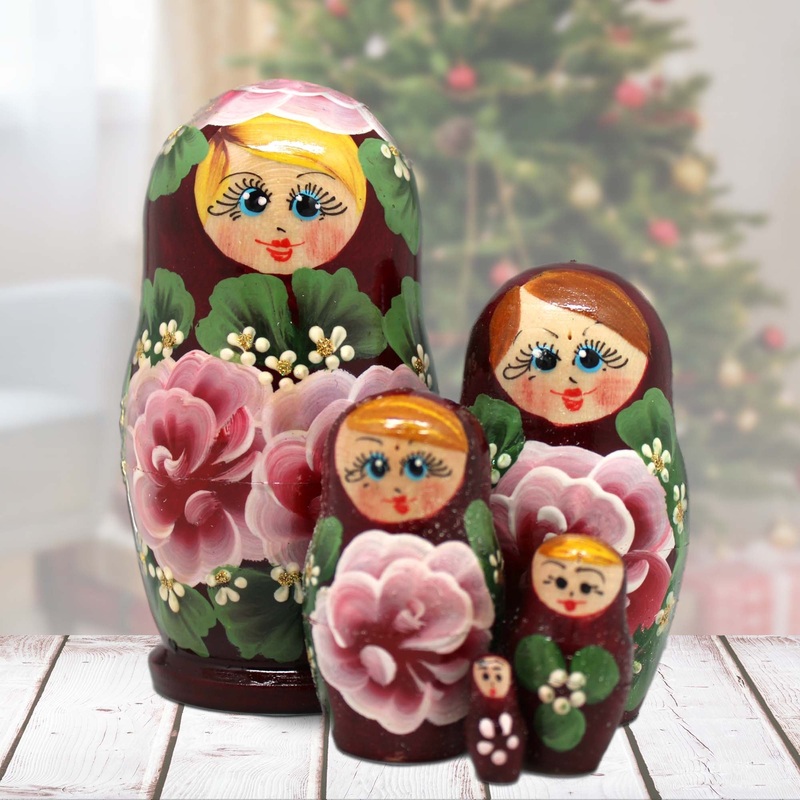 Burgundy Floral Matreshka Nesting Hand-Painted Dolls Set of 5 by G. DeBrekht – Christmas Decor – 140139-2